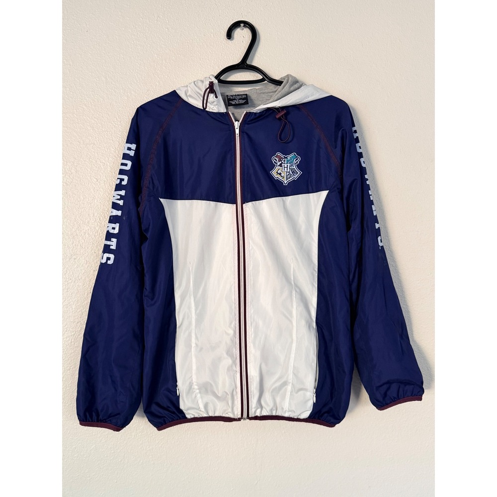 Harry Potter Hogwarts Windbreaker Jacket Navy White Small Crest Graphic Zip Up